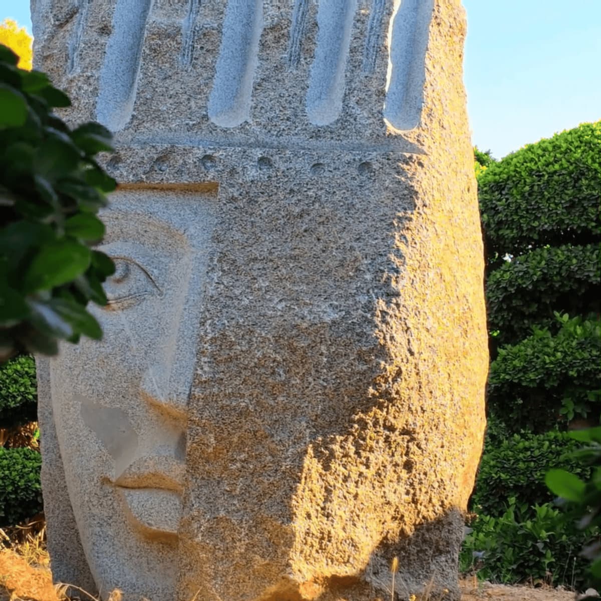 Monuments cover: a crowned face carved into a rough sandstone block, in golden light between hedges